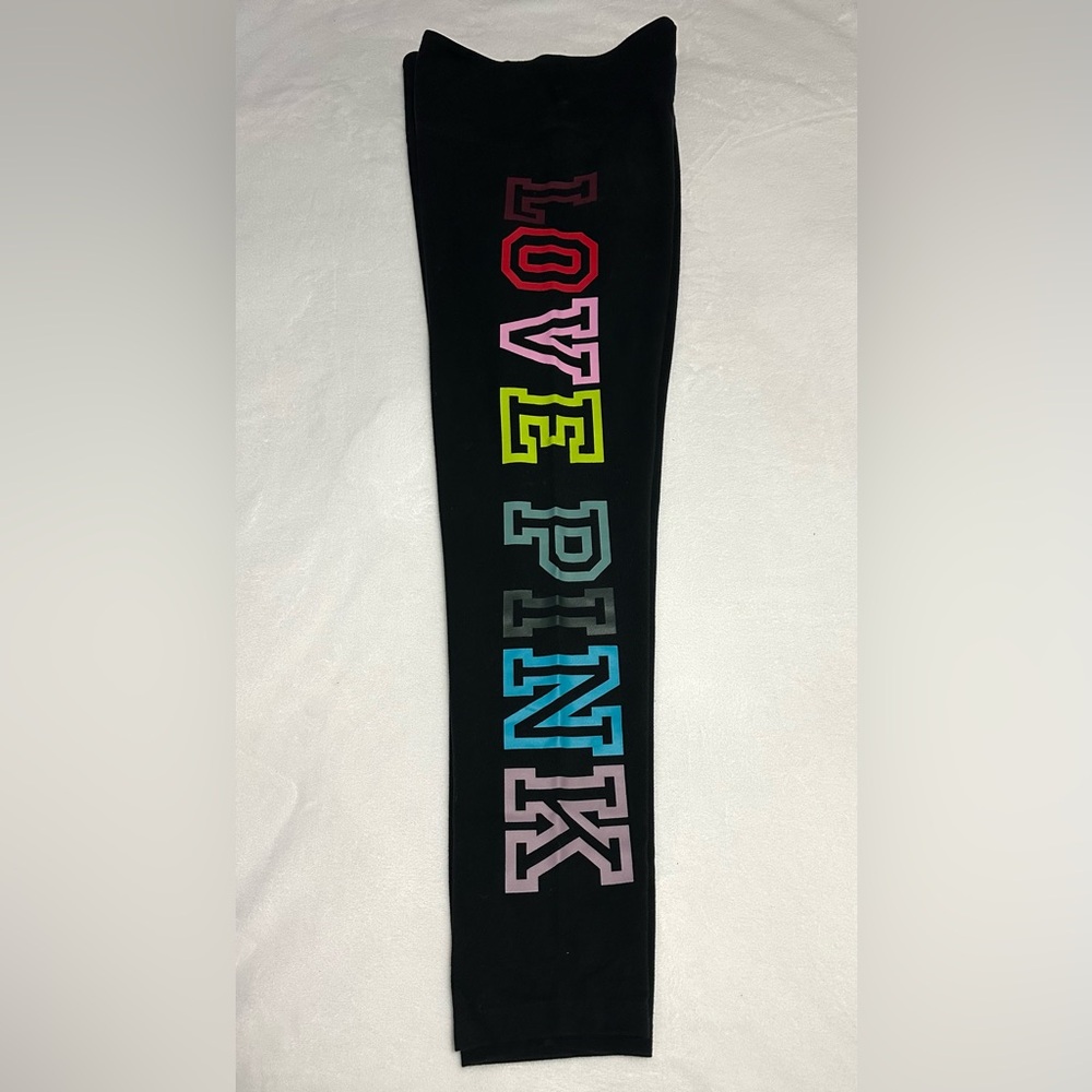 EUC Women PINK Victoria's Secret Black Leggings with Colorful Logo Size X Large